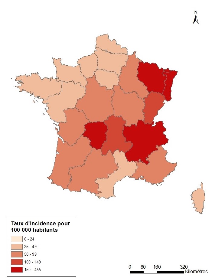 Estimation du taux d’incidence annuel moyen de la borréliose de Lyme par région, France métropolitaine, 2015 – 2020)